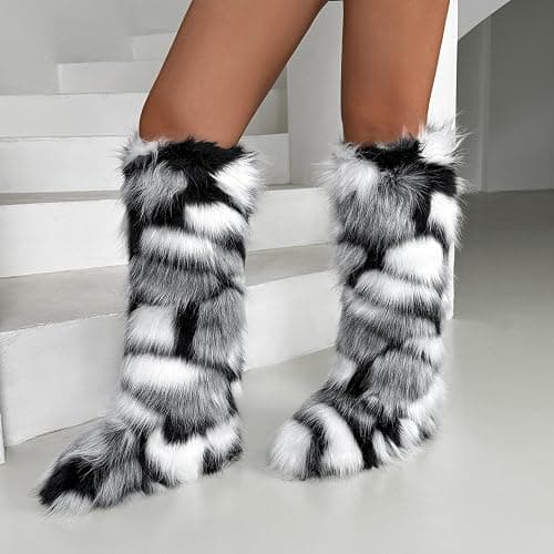 WOVOIE Knee High Fur Boots for Women Faux Fur Boots, Fluffy Round Toe, Winter Cosy Plush Warm Outdoor Snow Boots thumbnail 8