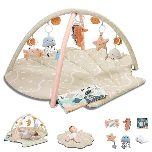 Suihuooo Baby Play Mat, Ocean Shell Theme Playmats & Floor Gyms, Baby Play Gym with 6 Detachable Activity Toys, Early Sensory Development Play Mat for Infant & Newborn (Beige) - Beige - Image 1