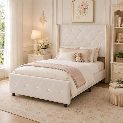 HOMBCK Twin Size Leather Bed Frame with Goldside Wingback Headboard, White | Modern Style, Bed Frame Twin with Velvet Upholstered Headboard, Diamond Tufted Design, No Box Spring Required, Easy Assembly thumbnail 9