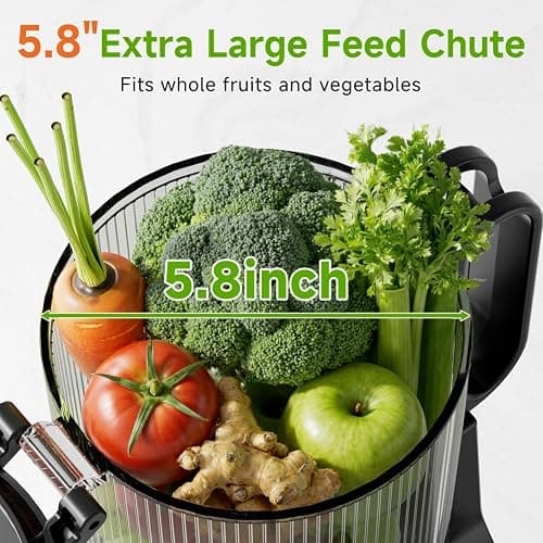 EanOruus Cold Press Juicer, 5.8" Wide Feed Chute Juice Extractor Machine with 400W, High Juice Yield, Slow Masticating Juicer for Whole Vegetables & Fruits, Dark Grey thumbnail 2