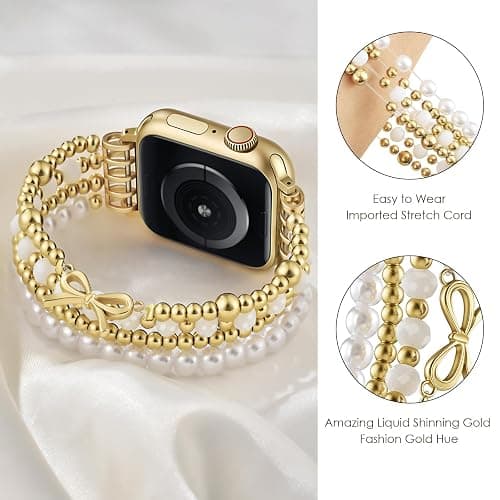AIRSPO Gold Beaded Bracelets Compatible for Apple Watch Band 38mm 40mm 41mm 42mm Women, Fashion Handmade Dressy iPhone Watch Bands Stainless Steel Beads Elastic Strap for iWatch Series 11 10 9 SE 8 7 6 5 4 3 2 1 Ribbon knot-Gold thumbnail 2