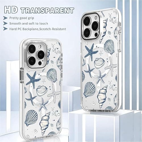 Punmada Compatible with iPhone 13 Pro Max Case for MagSafe, Clear White with Ocean Shells Design Drop Proof Rugged Magnetic Charge Shockproof for iPhone 13 Pro Max thumbnail 5