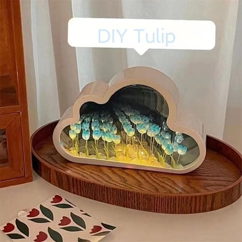 Yckeogln DIY Cloud Tulip Mirror Night Light, Simulation Flower Bedroom Cloud Tulip Table Lamp, Creative Home Decoration, Room Decor for Teen Girls (Blue) thumbnail 3