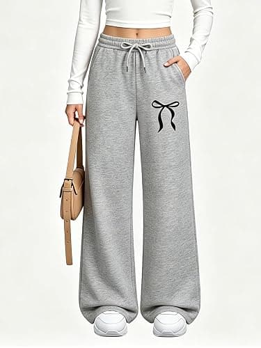 Teen Girl Cute Bowknot Baggy Sweatpants Kids Straight Leg Joggers Size 9-16 | Cotton blend fabric, Elastic drawstring waist, Fleece lining, Side pockets, Cute bow print, Suit for casual, athletic, school thumbnail 4