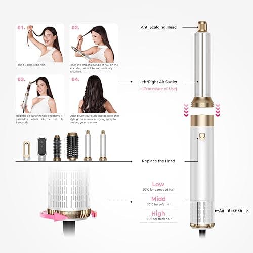 MogaWave Hair Styler Pro Air Styler 6 in 1 Haarstyler, 1000W Rundbürstenföhn, Warmluftbürste, Föhnbürste, Haartrockner, Air Curler, Hairstyler Airstyler Haarstyling Geräte für Alle Haartypen thumbnail 3