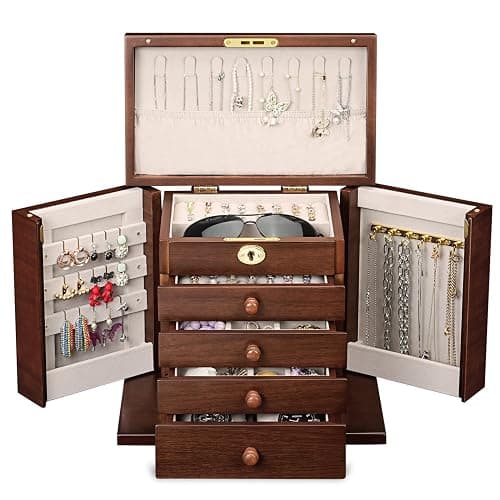 Artisticbox wooden Jewelry Box and Organizer - 8-Layer Lockable Wooden Jewelry Boxes for Women - Large Jewelry Boxes and Organizer with Key,Gift for Wife,dresser top jewelry box with lock thumbnail 8