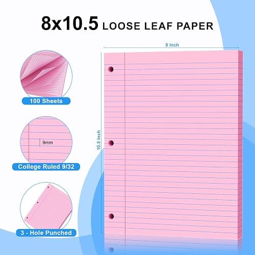 Pink Loose Leaf Paper 100 Sheets 8" x 10.5" Filler Paper, College Ruled 3-Hole Punched, Notebook Paper for 3-Ring Binders Notepad Writing Note Pads To-Do Lists for Office & School Supplies thumbnail 3