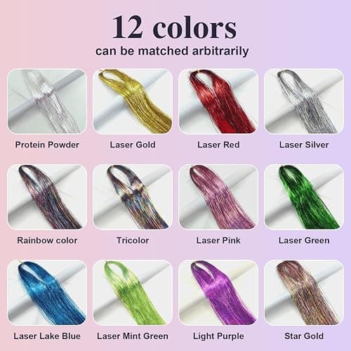 12 Colors Hair Tinsel Kit Hair Extensions 48 Inch With Tool 3600 Strands Sparkling Dazzle Glitter Shiny Fairy Hair Heat Resistant for Girls Women Christmas New Year Festival Party thumbnail 3