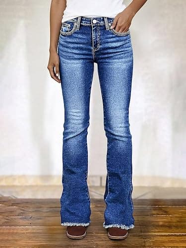 Flamingals Mid Rise Bootcut Jeans for Women Wash Seam Back Button Decor Raw Hem Denim Jeans with Pockets thumbnail 2