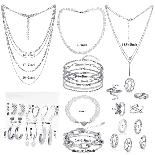 34 Pcs Silver Jewelry Set for Women Layered Bracelets Ball Dangle Hoop Earrings Stackable Knuckle Rings Set Dainty Adjustable Necklaces Valentine Anniversary Trendy Party Costume Accessories Jewelry thumbnail 2