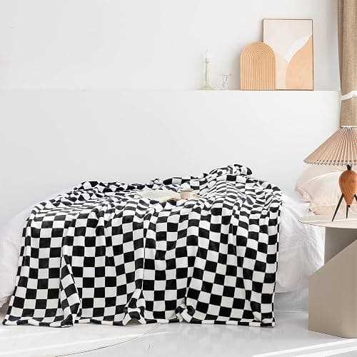 LOMAO Throw Blankets Flannel Blanket with Checkerboard Grid Pattern Soft Throw Blanket for Couch, Bed, Sofa Luxurious Warm and Cozy for All Seasons (Black, 50"x60") thumbnail 2