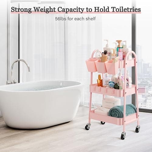 danpinera 3-Tier Rolling Cart, Utility Cart Mobile Metal Rolling Storage Cart with Lockable Wheels & Hanging Cups & Hooks for Kitchen, Bathroom, Office, Workshop, Pink thumbnail 6