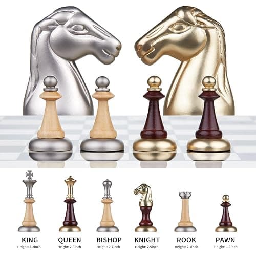AMEROUS 16 Inches Wooden Chess Set, Large Size Board with 2 Built-in Storage Drawers - 2 Extra Queens - Metallic & Wooden Chess Pieces - Gift Packaging, Board Games for Adults and Kids thumbnail 8