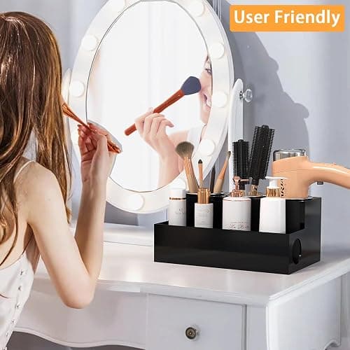 PITBVO Hair Tool Organizer, Black Acrylic Hair Dryer Holder with 3 Cups, Bathroom Supplies Countertop Blow Dryer Holder, Vanity Caddy Storage Stand for Accessories, Makeup, Toiletries thumbnail 4