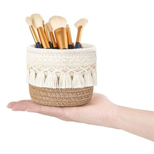Mkono Macrame Makeup Brush Holder, Boho Mini Storage Basket Set of 2 | X-Small 3.9"W x 3.9"H, Yellow and White, Comb Pens Tiny Succulents Holder, Bedroom Vanity Living Room Bathroom Dorm Office thumbnail 6