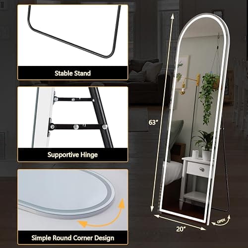 DUMOS Arched Full Length Mirror Lighted, 20"x63" LED Floor Standing Mirror | LED Lights 3 Color Lighting and Shatterproof Tempered Glass, Wall Hanging or Leaning, Floor Standing, Modern Home Decor thumbnail 2