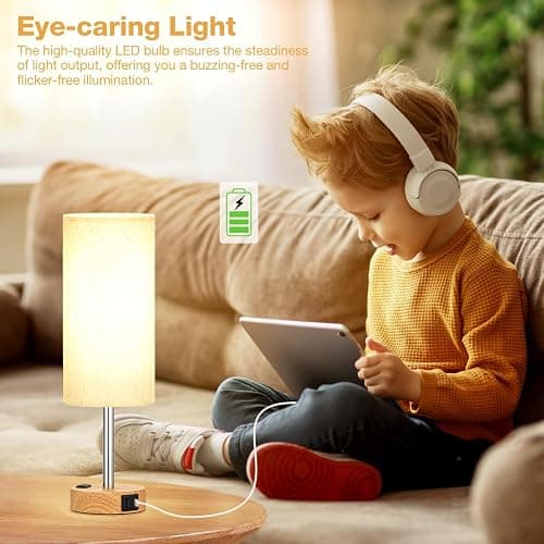Fenmzee Bedside Table Lamp for Bedroom - Dimmable Touch, USB A+C, AC Outlet | 3-Way Dimmable, LED Bulb Included, Fabric Lampshade, Wood-Grain Metal Base, 14" Small Nightstand Lamp for Desk, Living Room thumbnail 6