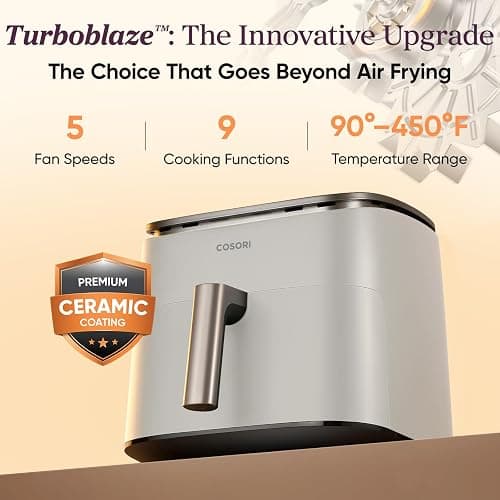 Cosori 9-in-1 TurboBlaze Air Fryer 6 Qt, Premium Ceramic Coating, 90°–450°F, Precise Heating for Even Results, Air Fry, Roast, Bake, Broil, Dry, Frozen, Proof, Reheat, Keep Warm, 120V, Light Gray thumbnail 2