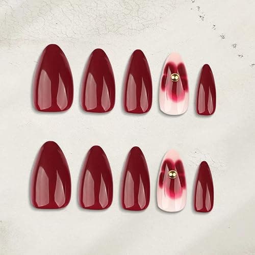 Ruzister 24 Burgunderfarbene Blumen Mit Diamantrüstung,Press On Nails,Kunstnägel Zum Aufkleben,Nagel Tips Set thumbnail 7