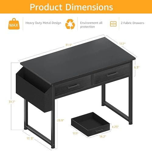 DLisiting Small Desk with Fabric Drawers for Bedroom, 32 Inch Gaming Desk with 2 Drawers for Small Space, Study Writing Table PC Desks, Black thumbnail 3