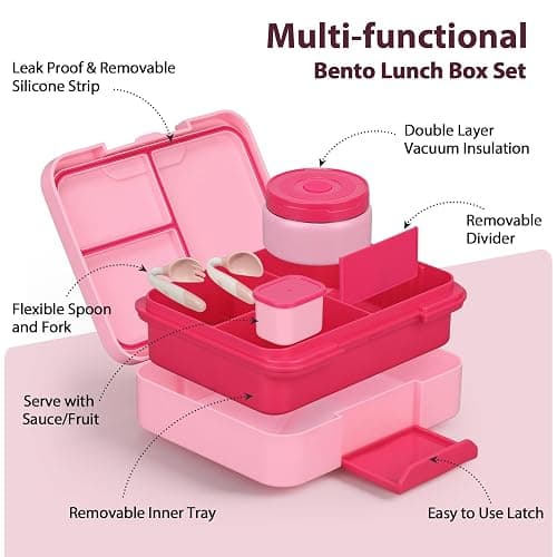 Kids Bento Lunch Box Set with 9.5oz Soup Thermo, Leak-Proof Lunch Food Containers with 3 Compartment and Removable Inner Tray, Insulated Hot Food Jar with Lunch Bag for School, Office, Pink thumbnail 3