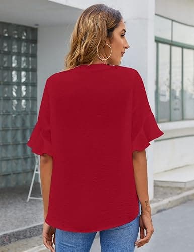 BMJL Womens White Blouses Chiffon Ruffle Short Sleeve V Neck Business Casual Tops Summer Cute Shirt thumbnail 5