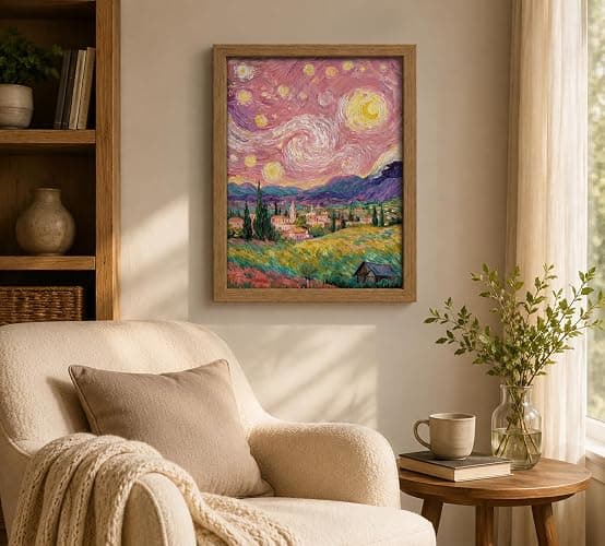 Framed Impressionist Pink Starry Sky Rural landscape Canvas Wall Art | Vibrant Colors Landscape Decor Picture Romantic Countryside Mountain Field Poster Prints for Art Lover Room Home Decoration thumbnail 7