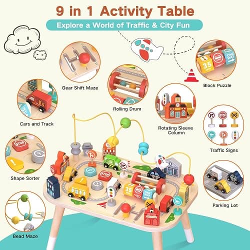Wooden Montessori Activity Table for Toddlers, Baby Busy Table with Bead Maze, Shape Sorter, Cars & Road Signs, Traffic Learning Activity Center Sensory Toys for Birthday Gift Boys Girls 1+ Year Old thumbnail 3