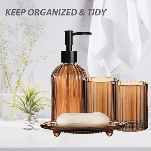 Brown Bathroom Accessories Set, Glass Bathroom Accessory Sets Complete Includes Soap Dispenser, Toothbrush Holder, Mouthwash Cup, Soap Dish for Bath Decor, Countertop Vanity Organize thumbnail 2