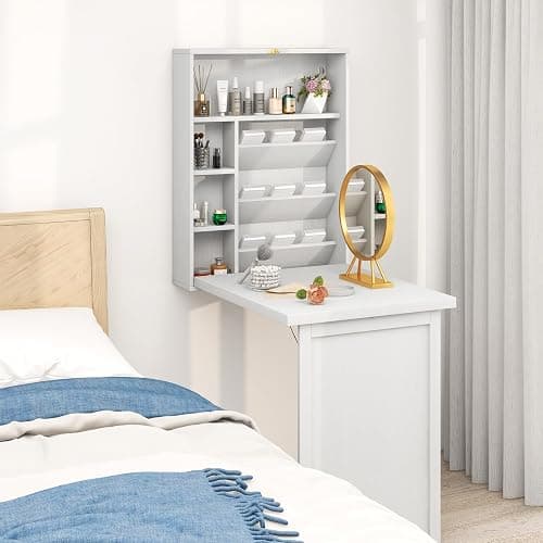 Tangkula Foldable Wall Mounted Desk, Floating Table with Storage Shelves & Hooks, Space-Saving Fold-Up Murphy Desk for Small Spaces, Home Office, Dorm Room thumbnail 2
