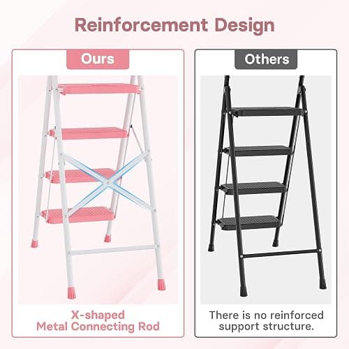 BONTEC 4-Step Ladder, Folding Step Stool, 600lbs Max Load, Pink | Tool Tray, Anti-Slip Pedals, Sturdy Steel, Lightweight Portable Design with Handrail for Home & Work Use thumbnail 5