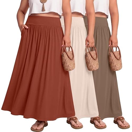Ficerd 3 Pack Plus Size Maxi Skirts for Curvy Women Pockets Casual 2026 Boho Summer Flowy Long Skirt a Line High Waist Dress - Image 1