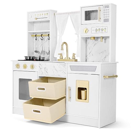 JOYLDIAS Play Kitchen, Wooden Kids Play Kitchen Playset Chef Pretend Play Set for Toddlers w/Ice Cube Dispenser, Oven, Cooking Accessories,Trendy Home Style w/Curtains, Storange Box, Gift for Ages 3+ thumbnail 9