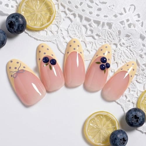 Slayoung Polka Dot Press on Nails Summer Fake Nails Medium Almond Nails Press ons with 3D Blueberry Designs Acrylic Reusable Yellow French Tips False Nails Full Cover Stick on Nails for Women 24 Pcs thumbnail 2