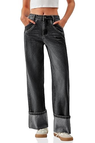 PLNOTME Womens Baggy Jeans Boyfriend Wide Leg Trendy Casual Mid Rise Cuffed Hem Denim Pants with Pockets - Image 1