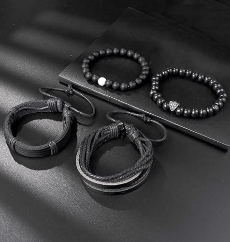 Tornito 15Pcs Braided Leather Bracelet Boho Cuff Wrap String Wood Bead Woven Ethnic Stretch Wristbands Bracelets Set for Men Women Size Adjustable - B:15Pcs(Black) thumbnail 5