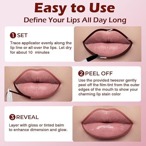 QCMME Lip Liner Stain Peel Off with Tweezer, Long Lasting Matte Lip Tattoo, Highly Pigmented Color Lip Tint Makeup, Waterproof, Transfer-proof Lipstain for Women, for All Skin Types Rose Pink thumbnail 4