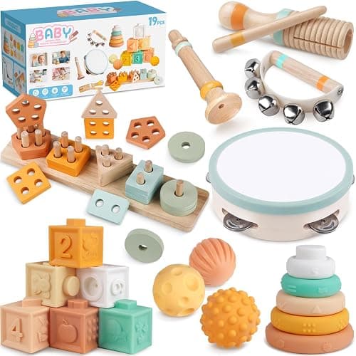 Montessori Baby Toys for 1 Year Old, Wooden Musical Instruments for Toddlers 1-3, Infant Sensory Teether, Stacking Toy Shape Sorter, Neutral Color Educational Birthday Gift for Kids 3+ (8 IN 1) - Image 1