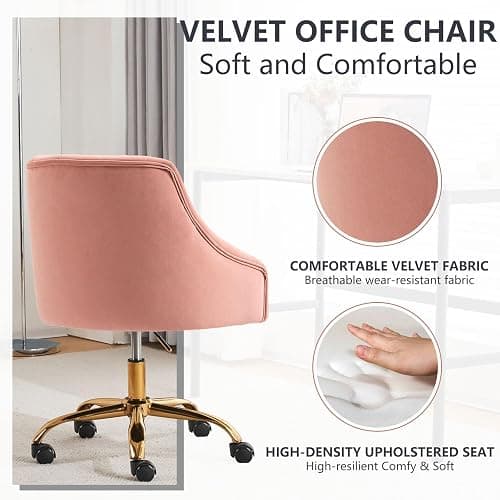 MOJAY Velvet Home Office Desk Chair, Vanity Chair with Wheels Pretty Fancy Gold 360°Swivel Height Adjustable Office Chairs for Girls Home Offices, Bedrooms, Living Room (Pink) thumbnail 4