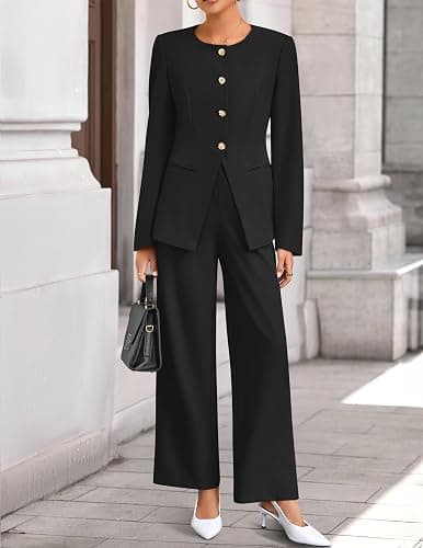 ZESICA Women's 2025 Fall Two Piece Suits Set Casual Business Long Sleeve Blazer Jacket Wide Leg Pants Work Outfits Sets thumbnail 4