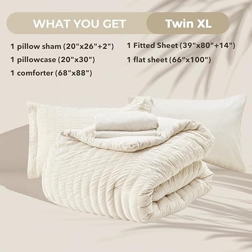 HYMOKEGE Ivory Twin XL Comforter Set Seersucker 5 Pieces, All Season Luxury Bed in a Bag for Bedroom, Bedding Set with Comforter, Sheets, Pillowcase & Sham thumbnail 7