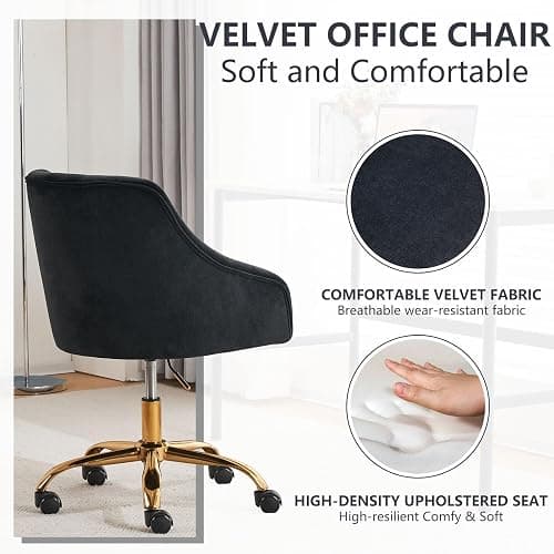 MOJAY Velvet Office Swivel Chair, Vanity Fabric Desk Pretty Fancy Gold Office Chairs for Girls, 360°Swivel Height Adjustable Reception Chair (Black) thumbnail 3