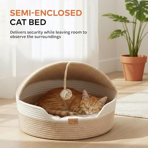 CHEERPALS Cat Basket Bed with Washable Cushion and Ball Rope Cotton, Covered Pet Bed for Indoor Cats Cave Bed Hooded, Stimulicat Cat Bed Handwoven Breathable, All Season Universal(White) thumbnail 6