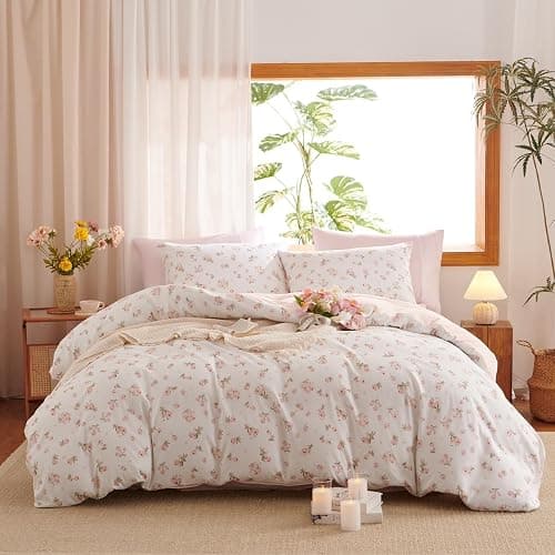 Erwinmu Floral Comforter Set Queen Size Pink Bedding Sets for All Season | Pink White Floral Comforter 3 Pieces,Reversible Queen Bed in a Bag,Flowers Coquette Aesthetic Comforter and 2 Pillowcases thumbnail 9