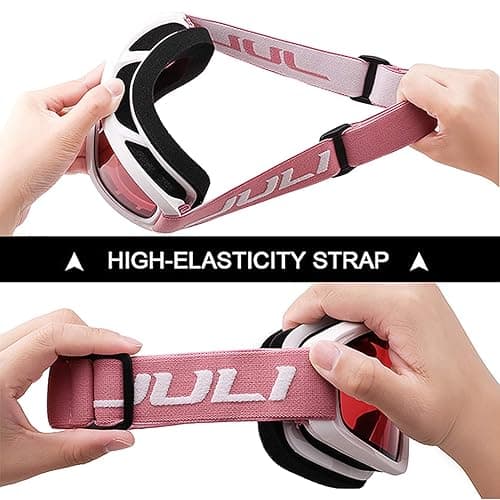 Juli Ski Goggles,Snow Snowboard Goggles Men Women Snowmobile Skiing Skating - White Frame Vermillion Red(vlt 38%) Lens Pink Strap thumbnail 5