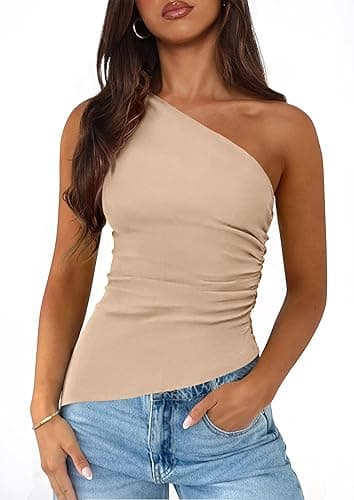 PRETTYGARDEN Womens 2025 Summer Y2K Tops Sleeveless One Shoulder Slim Fit Shirts Ruched Knit Asymmetrical Top Blouse