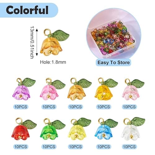 Cheriswelry 100pcs Flower Bracelet Charms Leaf Flower Acrylic Dangle Pendants Transparent Floral Earring Pendants Cute Hang Ornament 13mm for DIY Craft Keychain Necklace Jewelry Making thumbnail 3