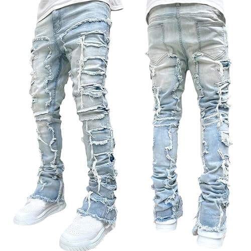 Stacked Jeans Men Skinny Ripped Jeans Slim Fit Patchwork Denim Pants Y2K Goth Harajuku Emo Hip Hop Jeans Trouser thumbnail 3