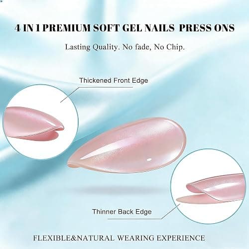 JOYVVEW Cat Eye Press on Nails Short - Glitter Ombre Pink Press On Nails Oval, Chrome Fake Nails with Shimmer Finish, Sturdy Quality, Reusable Almond Stick On Nails for Women, 30 Pcs 15 Sizes thumbnail 3