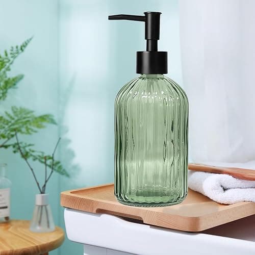14 Oz Black Pump Glass Soap Dispenser, Green Stripe Countertop Refillable Liquid Bottle Hand Dish Lotion Dispenser with Plastic Pump, for Kitchen, Bathroom thumbnail 7